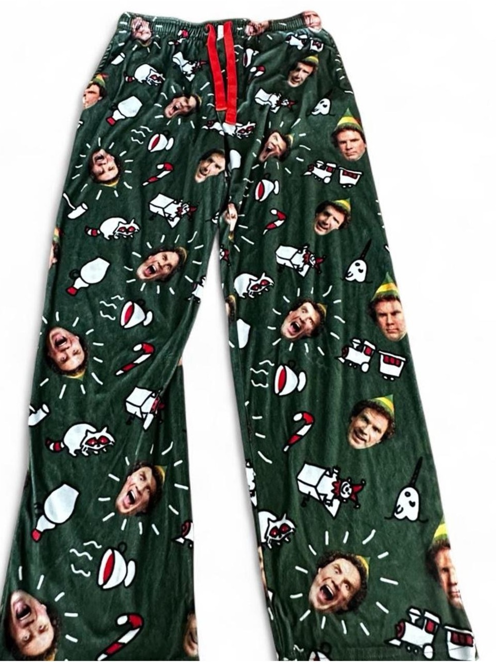 ELF Dark Green Holiday Face Print Pajama Joggers with Red Drawstring
